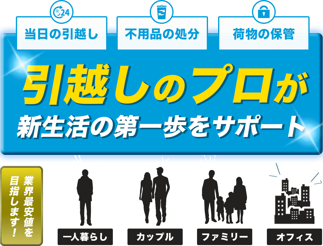 当日の引越し、不用品の処分、荷物の保管、引越しのプロが新生活の第一歩をサポート、業界最安値を目指します！一人暮らし、カップル、ファミリー、オフィス